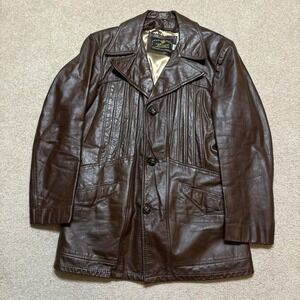 Vtg Genuine Leather Coat Mens 38 Brown Button Overcoat Plaid Wool Liner 60s 70s
